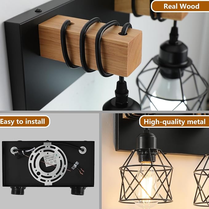 Farmhouse Vanity Light Fixture,2-Light Bathroom Lighting,Black Industrial Wood Wall Light Over Mirror with Metal Shade
