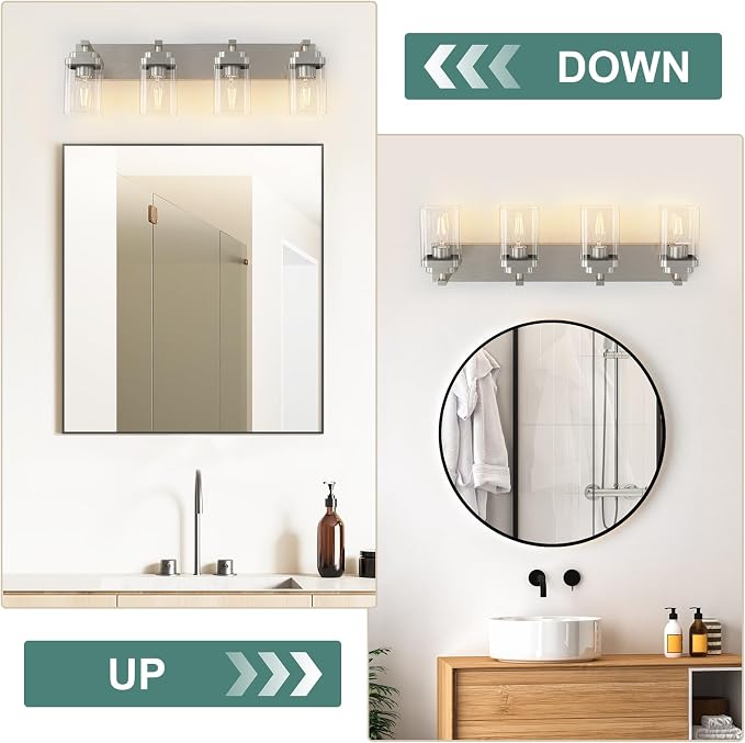 Brushed Nickel Bathroom Light Fixtures, 4 Lights Bathroom Lighting Fixtures Over Mirror, Square Design & Rectangle Large Backplate, Modern Vanity Lighting Fixtures, for Living Room/Bedroom