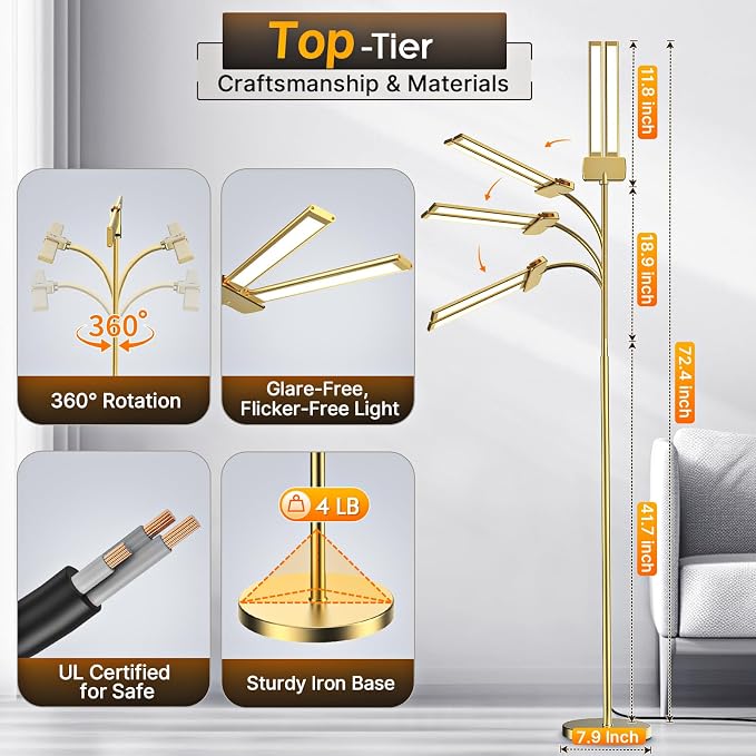 Syrinx LED Floor Lamp, 18W 2000LM Bright Reading Floor Lamp for Office, Gesture & Remote Control, Dual Head Gooseneck Standing Lamp, Dimmable Brightness & Color Temp, Floor Light for Living Room, Gold