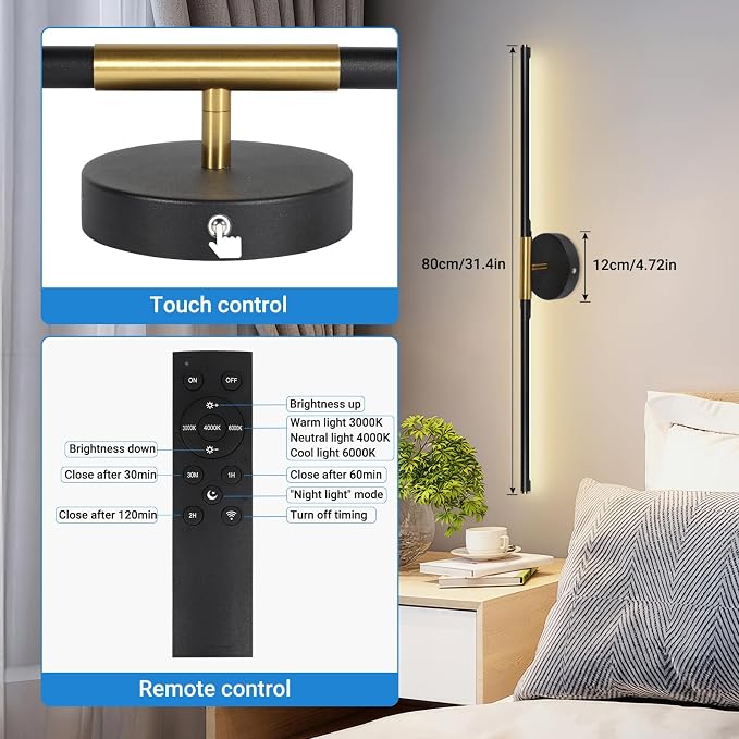 Battery Operated Wall Sconces Set of Two, Wireless Wall Sconces 31.5 Inch | Rechargeable, Remote Control, Dimmable, 360°Rotate, Cordless Wall Light Decor for Living Room, Hallway, Timing, Black Gold