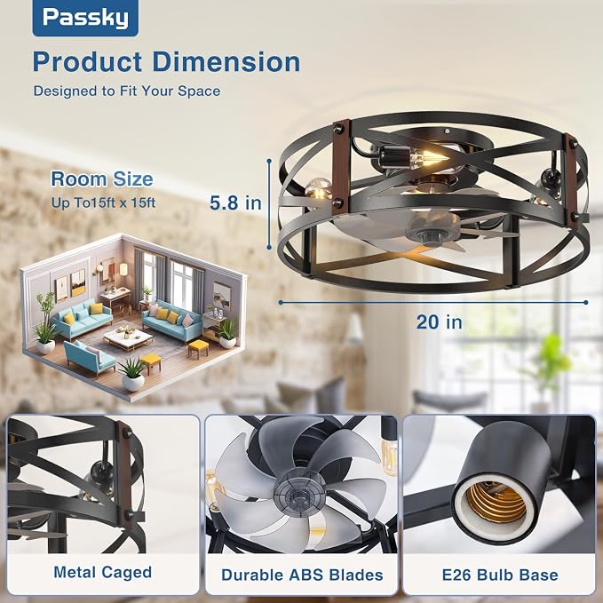 Passky 20" Caged Ceiling Fans with Lights and Remote, Low Profile Fandelier | Reversible DC Motor, 1/2/4H Timer, 6 Speeds, Farmhouse Style, Quiet Operation, for Bedroom, Kitchen, Dining Room, Living Room