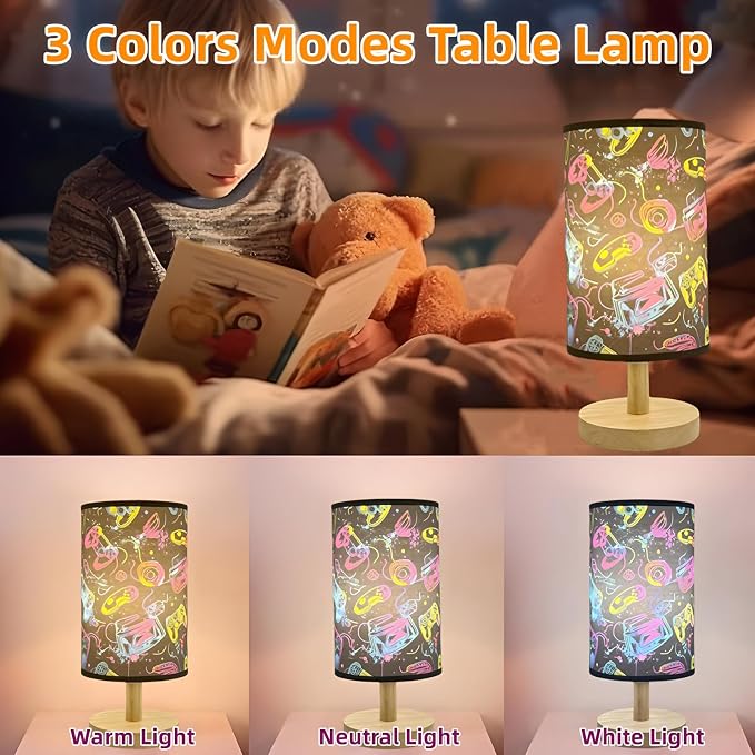 Gaming Table Lamp Video Game Desk Lamp for Bedroom Gaming Room Decor Lamps | 3 Lighting Modes LED Nightstand Night Light,Wood Gaming Themed Bedside Lamp for Boys Girls Teens Game Lovers Birthday Gifts