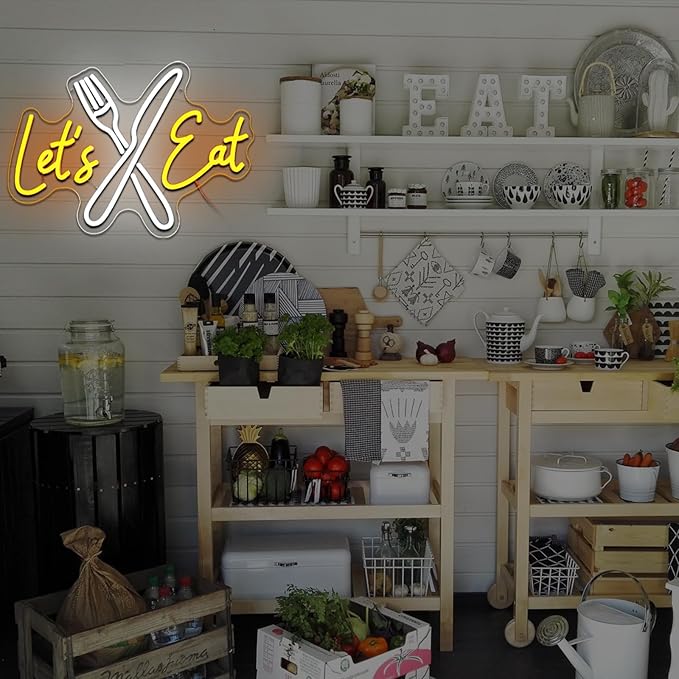 Let's Eat Neon Sign for Wall Decor Dimmable Knife Fork Led Sign for Restautant Lets Eat Neon Light for Kitchen Cafe Food Bar Cooking Dining Room Luncheonette Bistro Party Decoration