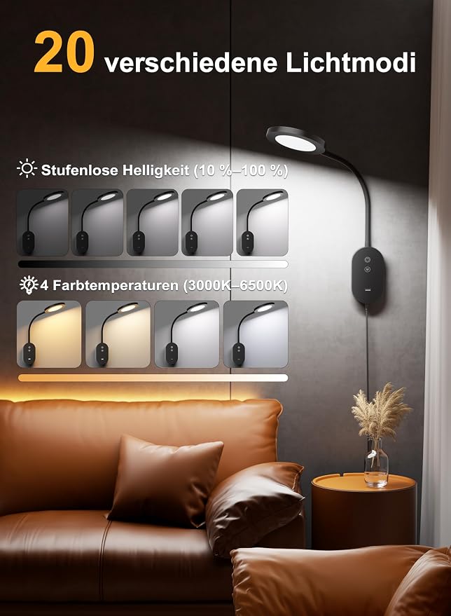 Wall Mounted Reading Light, Book Light for Wall Bed Lamp with 10W USB Output Fast, 4 Hour Auto Off，Eye Caring Reading Lamps with CRI 95 Infinite Dimmable 360° Gooseneck Headboard Light Black