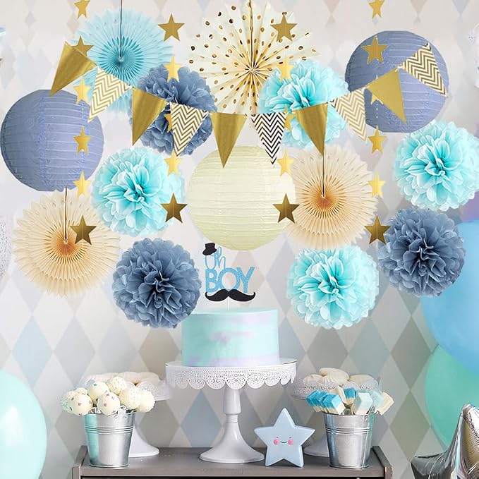 Dusty Blue Party Decorations Boho Beige Light Dusty Blue and Gold Party Decorations Paper Lanterns Poms Fans Champagne Gold for Birthday Baby Shower Boy Bridal Shower Wedding Engagement Graduation