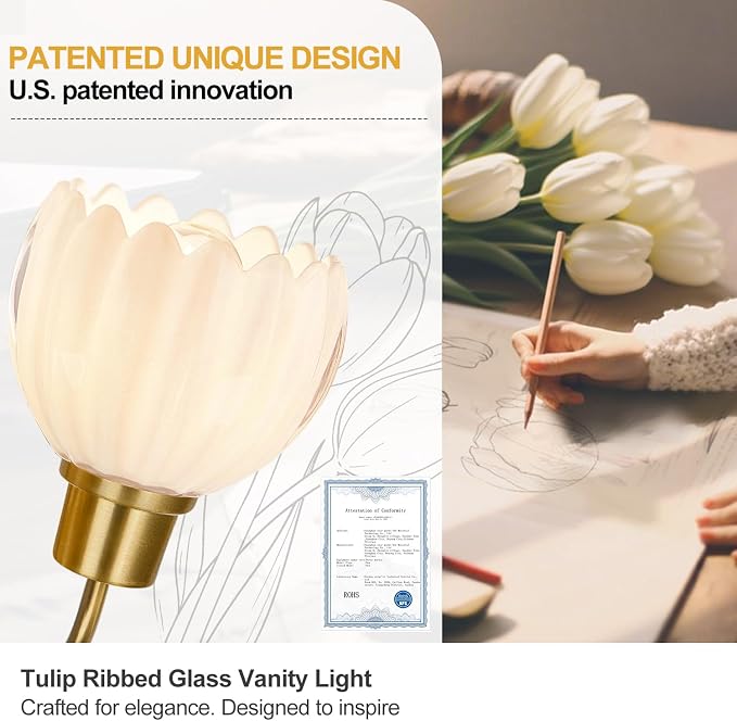 Bathroom Light Fixtures, 3-Light Gold Vanity Light Fixtures with White Tulip Glass Shades, Bathroom Lighting Fixtures Over Mirror for Bedroom, Living Room & Hallway (Bulbs Not Included)