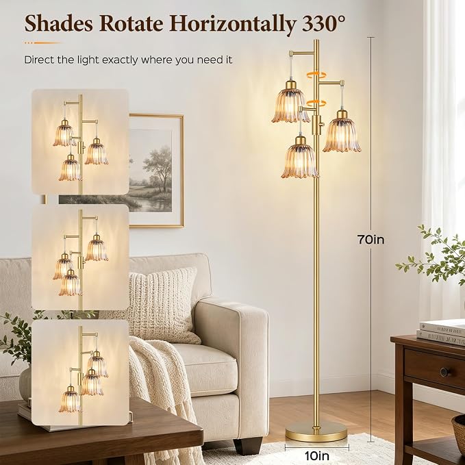 Dimmable Flower Floor Lamp, 3 x 900LM LED Bulbs Included, Modern | 70" Gold Tree Standing Lamp, 3 Lights Elegant Amber Glass Flower Shade, Vintage Floor Lamps for Living Room, Bedroom, Office