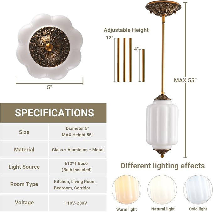 LOUSACE 5.5 in Vintage Milk Glass Ceiling Light Fixture, Antique White Semi Flush Mount Milk Glass Pendant Light, Farmhouse Ceiling Light for Kitchen Hallway Dining Room, LED Bulb Included