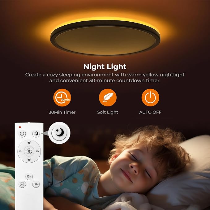 Matane 12in LED Flush Mount Ceiling Light Fixture with Remote Control, Nightlight 2000K Warm, 24W 3000K-6500K Adjustable, Wired Low Profile Ceiling Lights for Bedroom, Kitchen, Living Room Black