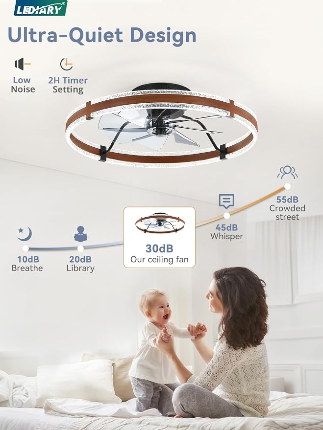 LEDIARY 24'' Modern Low Profile Ceiling Fans with Lights and Remote, Walnut | 3000-6000K Dimmable LED, 6 Wind Speeds, Quiet Reversible DC Motor, Small Flush Mount Fandelier for Bedroom, Living Room