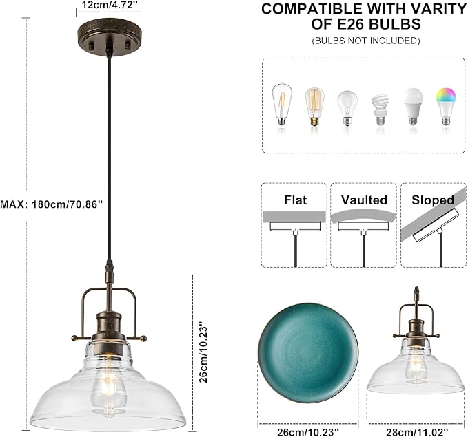 WILON Clear Glass Modern Pendant Light for Kitchen, Rust | 11'' Clear Glass Shade, Adjustable Height, E26 Ceramic Socket, 60W MAX, Farmhouse Style for Dining Room Kitchen Over Sink