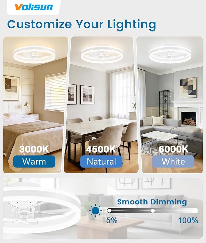 VOLISUN Low Profile Ceiling Fans with Lights and Remote, 20in Flush Mount Ceiling Fans with Light, 3000K-6500K Dimmable Fandelier LED Fan Light, White Bladeless Ceiling Fans with Lights for Bedroom