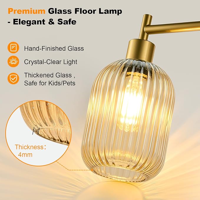 【Upgraded】 Dimmable Floor Lamp for Living Room with Amber Ribbed Glass Lampshade, Gold Modern Floor Lamp with 900LM LED Bulb Included, Arc Standing Tall Lamp for Bedroom, Office, Reading Room, Corner