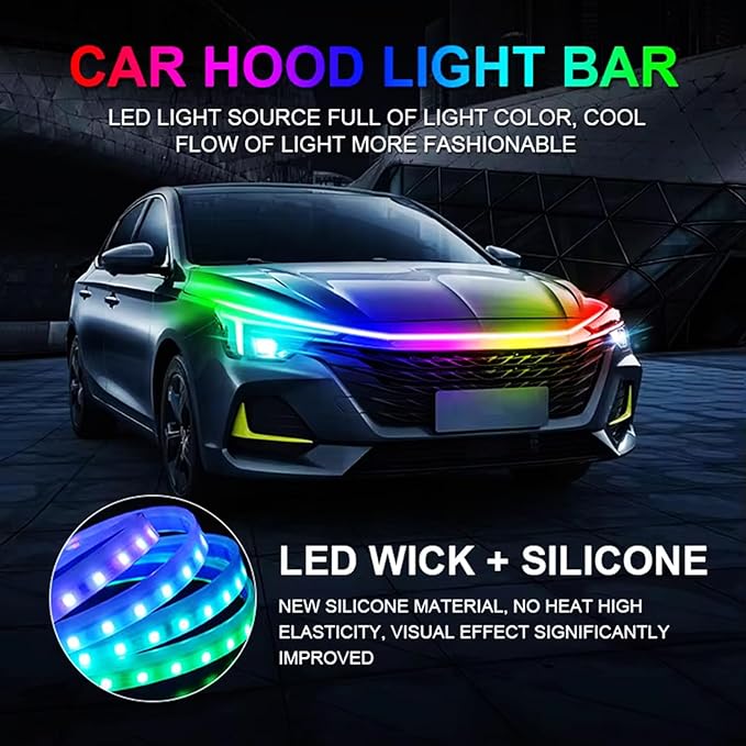 RGB Car LED Hood Light Strip for Cars, SUVs, Trucks, 70 Inches | 12V, Flexible Waterproof, Daytime Running Lights, Dynamic Scan Start-up Effect, with Turn Signal & Remote Control, Universal