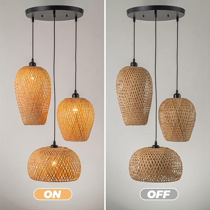 Rattan Pendant Light Bamboo Hanging Light 3-Lights Boho Pendant Light Fixture Woven Basket Wicker Shade Rattan Chandelier for Living Room Dining Room Kitchen