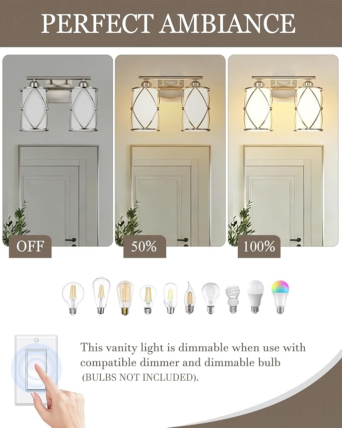 2-Light Brushed Nickel Bathroom Light Fixtures with Milk Frosted Glass, 13" Modern Bathroom Vanity Lighting Fixtures Over Mirror with Metal Cage, Wall Sconce Light for Bath, E26, CH9176BNW-2W