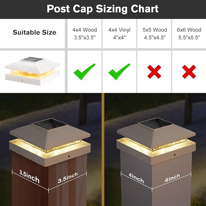 Solar Post Cap Lights Outdoor 6pack, White Waterproof Solar Powered Deck Fence Post Lights Fit 4x4 Wood/Vinyl Posts, Bright Warm White Solar Post Lights Decorate Deck, Patio, Porch, Fence