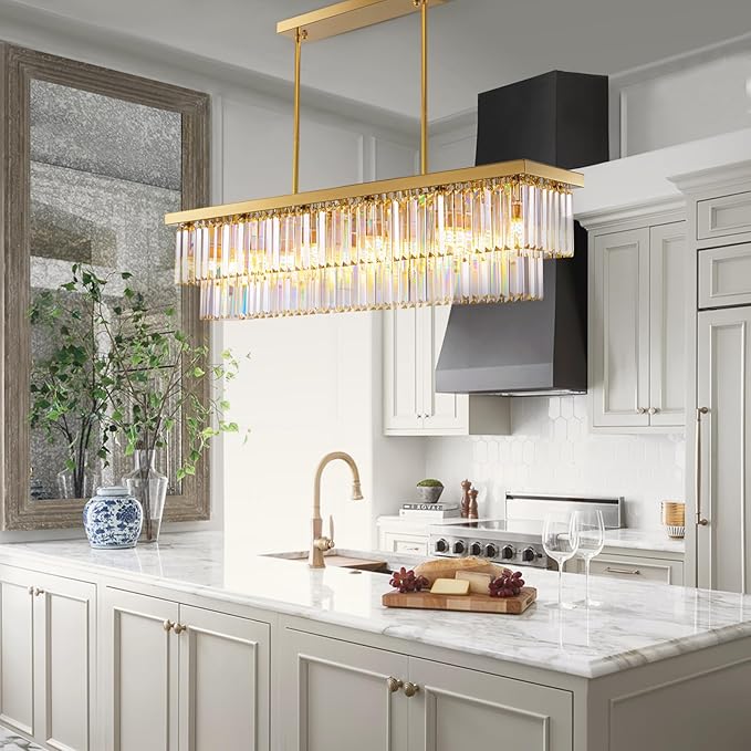 Siljoy Rectangular Gold Crystal Chandelier for Dining Room, 12-Light Modern Rectangle K9 Crystal Raindrop Chandelier Dimmable Ceiling Light for Living Room Kitchen Island, L47'' x W10'' x H10''