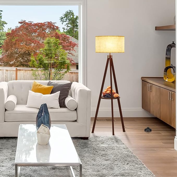LEPOWER Shelf Floor Lamp Tripod Mid Century Modern Lamps for Living Room | Light-Diffusing Linen Shade, Premium Rubberwood, E26 Base, Foot Switch, Adding Warmth to Bedroom, Office & Corner Walnut
