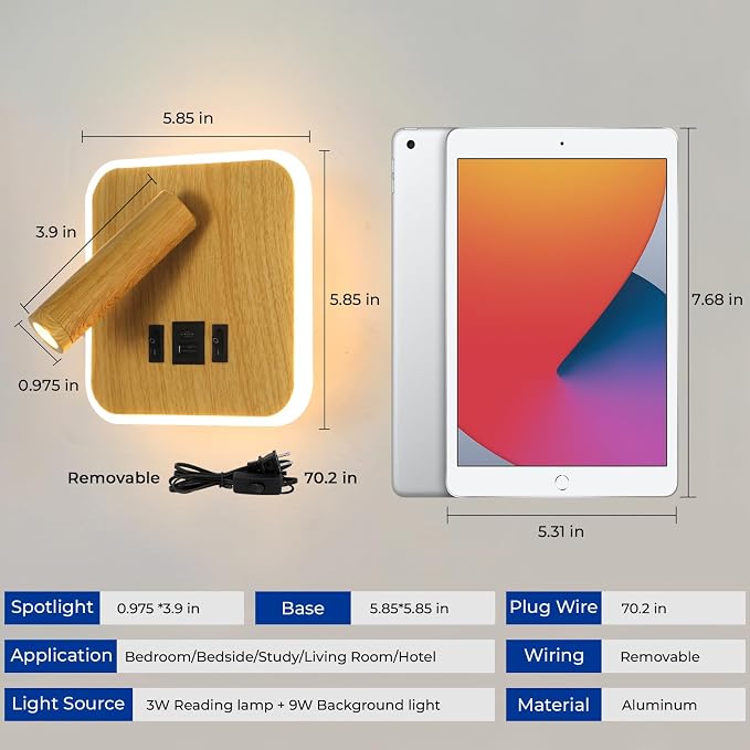 Wall Mounted Reading Lights with Plug in Wall Sconce&Hardwired | Wall Lamp for Bedroom With USB C+A Ports, Bedside Reading Lamp with 9W Night Light, Wood Color Reading Light Adjustable Angle