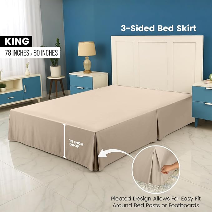King Bed Skirt, Hides Under-Bed Storage 16 Inch Drop, Pleated, Sand | Easy Fit Design, Shrinkage & Fade Resistant, Hotel Style, Microfiber Durable Fabric, Machine Washable