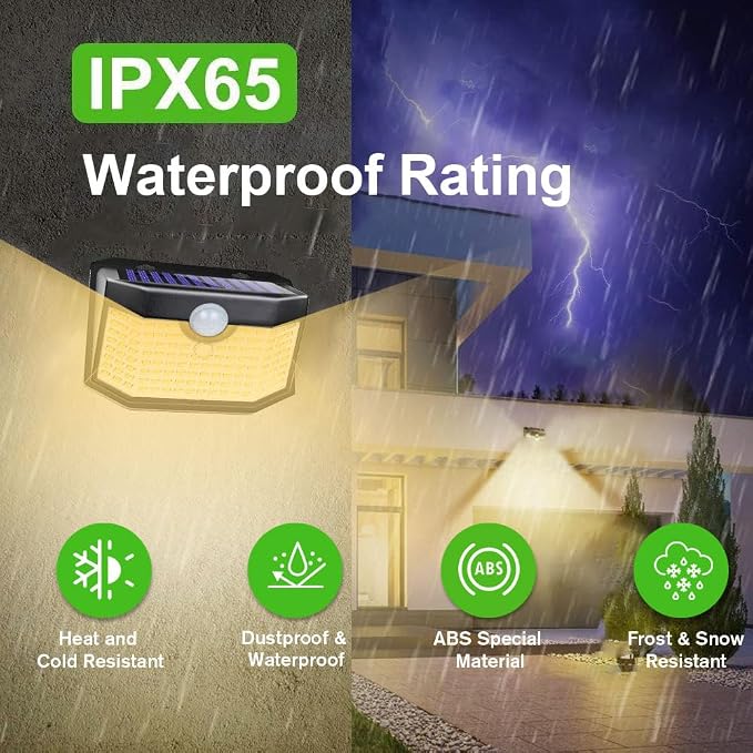 HMCITY 120 LED Outdoor Solar Lights- with Motion Sensor and 3 Lighting Modes, IP65 Waterproof Wide Solar Wall Lights Ideal for Garden Patio Yard (Front Button 2Packs, Black Shell-Warm White)