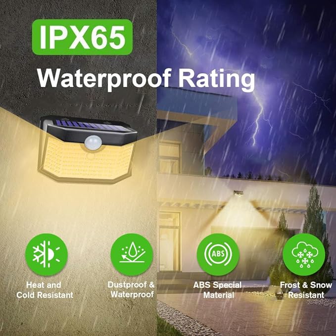 HMCITY 120 LED Solar Lights Outdoor Motion Sensor, 8 Pack, Black Warm | 3 Lighting Modes, IP65 Waterproof, Front Button Control, Wide Solar Wall Lights Ideal for Garden Patio Yard