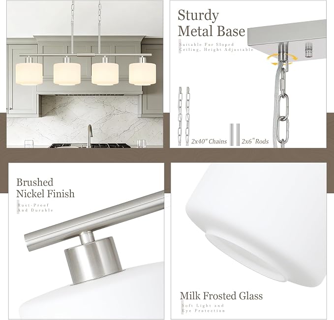 4-Light Brushed Nickel Kitchen Island Lighting, Modern Linear Dining Room Chandelier Light Fixtures with Milk Glass and Chain, Mid Century Hanging Lights for Kitchen Island, OS-YQ8153-4ISBNW