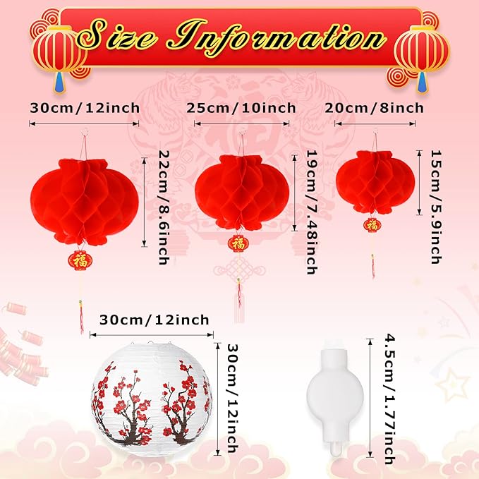 Tuanse 30 Pcs Chinese Japanese Paper Lanterns with LED Light, 2026 Chinese Lunar New Year Decoration Cherry Blossom Red Hanging Lanterns for Spring Festival Home Decor(12 Inch,Red)