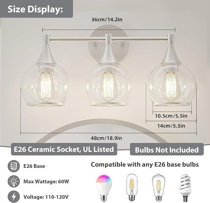 PAIHOME 3-Light Brushed Nickel Bathroom Vanity Light Fixtures Over Mirror | Brushed Nickel, Anti-rust, UL-Certified, Elegant Globe Glass Shade, Modern Vintage, Easy to Install,Wall Decor Light
