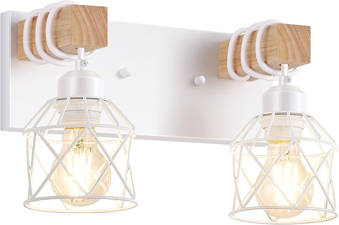 FadimiKoo 2-Light White Bathroom Light Fixtures, Wood Bathroom Vanity Lighting Fixtures Over Mirror, Rustic Sconces Wall Lighting with Elegant Metal Lampshade for Living Room, Bedroom, Hallway