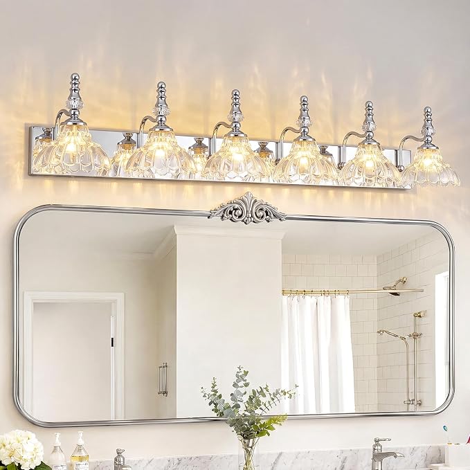 Vintage Bathroom Vanity Light, 6-Light Chrome Vanity Lighting Fixture with Flower Glass Shade, Bathroom Lighting Fixtures Over Mirror