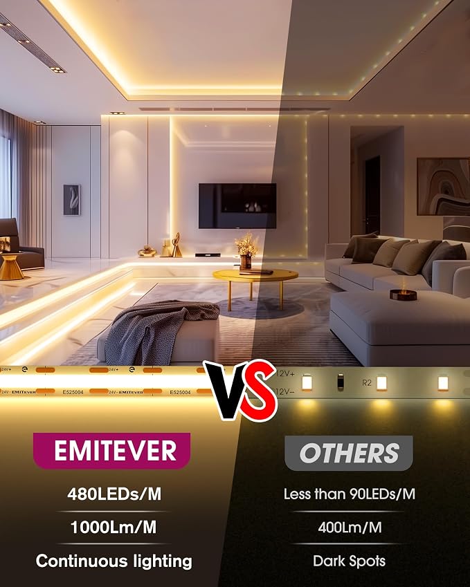 EMITEVER COB LED Strip Lights Warm White 3000K,UL 24V,16.4ft 2400LEDs | Ra 90+,IP30,3W/ft,305+Lumens/ft,5 Year Warranty(Power Supply Sold Separately)for bedroom,living room,kitchen
