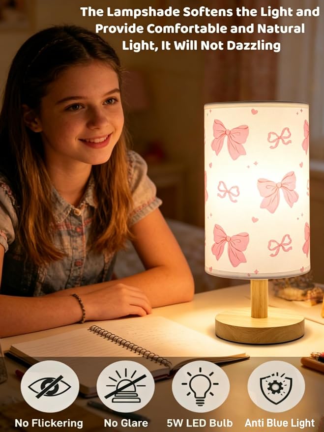 Pink Bow Table Lamp,Kids Bedside Lamp for Bedroom Girls Decorative Lights 3 Colors Nightstand Night light with Linen Lampshade Desk Lamp for Boys Girls Birthday Gifts for Home Office Living room Decor