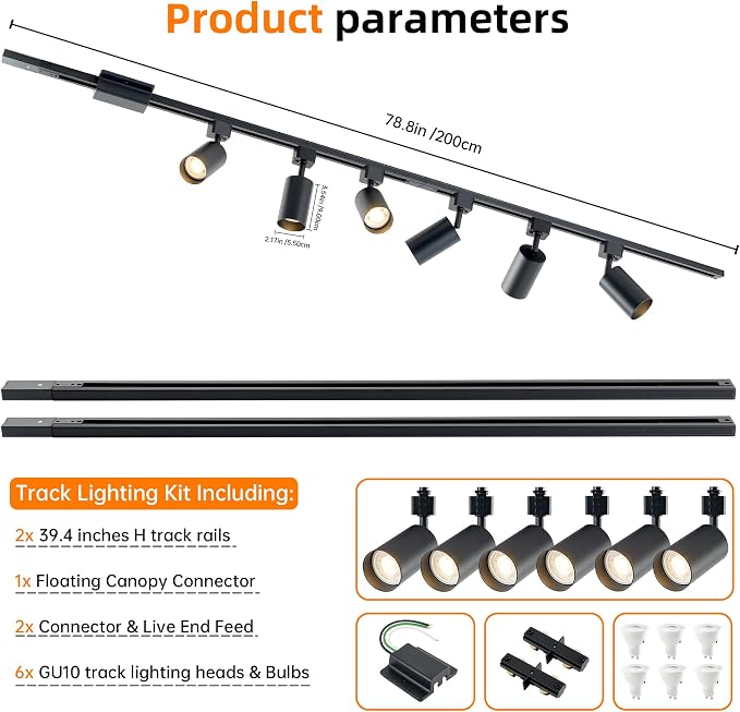 3-Color LED Track Lighting Kit with Floating Canopy Connector, 6-Light H Type Rail System with 6.6FT Rails, Dimmable GU10 Bulbs Included, Adjustable Ceiling Spotlights for Kitchen(6, Black)
