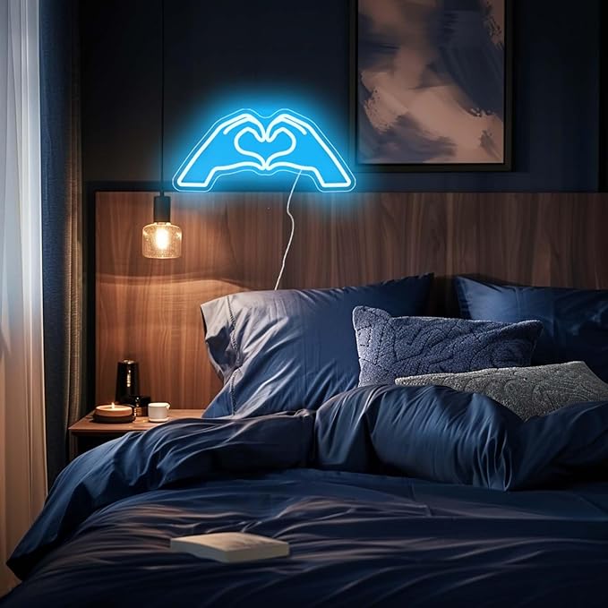 Heart Hands Neon Sign, Blue Room Decor, 15.75 inches Dimmable USB Powered Led Wall Art Decor, Music Merch Gifts for Girls Boys, Fans, Music Lover, Party, Christmas, Birthday(Blue）