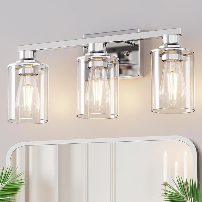 17 Inch 3-Light Chrome Bathroom Vanity Light Over Mirror | Modern Vanity Mirror Light, Brushed Chrome Vanity Light with Clear Glass Shade, Wall Mount Lighting for Bedroom Living Room