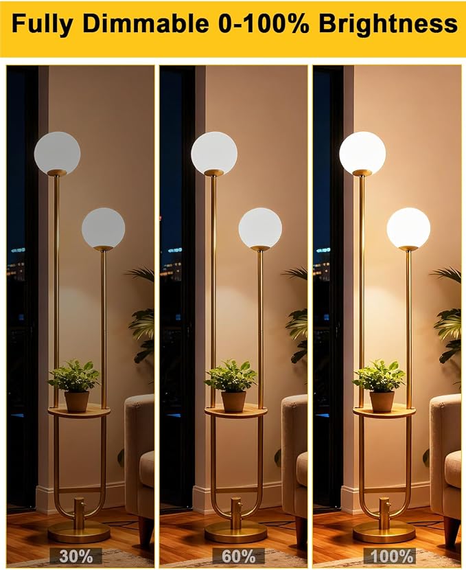 Lightdot 63IN Gold Floor Lamp with Table 2 Globe Mid Century Standing Lamps with 3000K LED Bulbs Unique U-Pole Vintage Floor Lamp with 5Lbs Heavy Base for Living Room/Party/Sofa Beside/Corner Decor