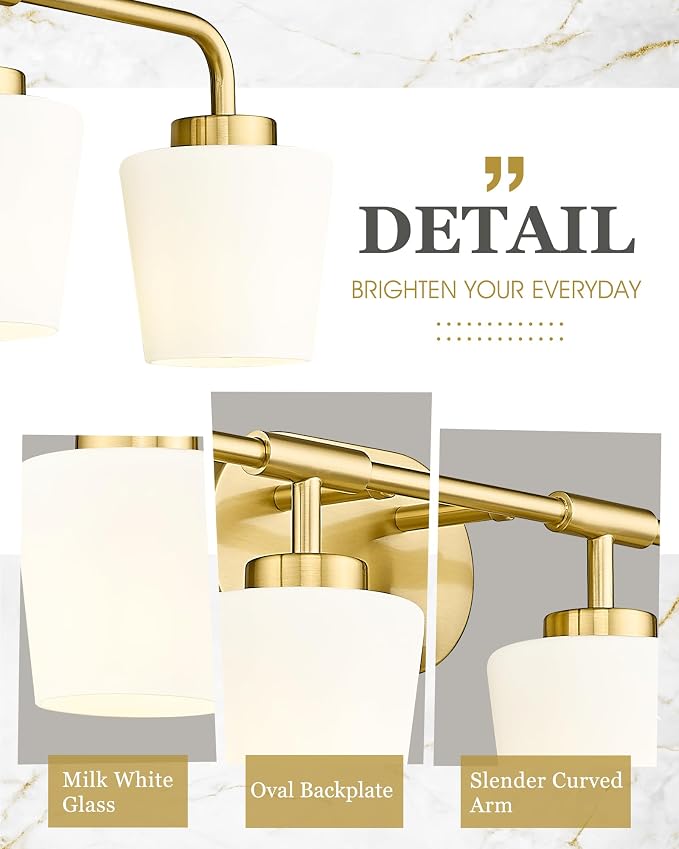 Bathroom Light Fixtures Over Mirror, 4-Light Brushed Gold Vanity Lighting Fixtures with Milk White Glass, Farmhouse Champagne Bronze Wall Sconces Lighting, AD-22004-4W-GD