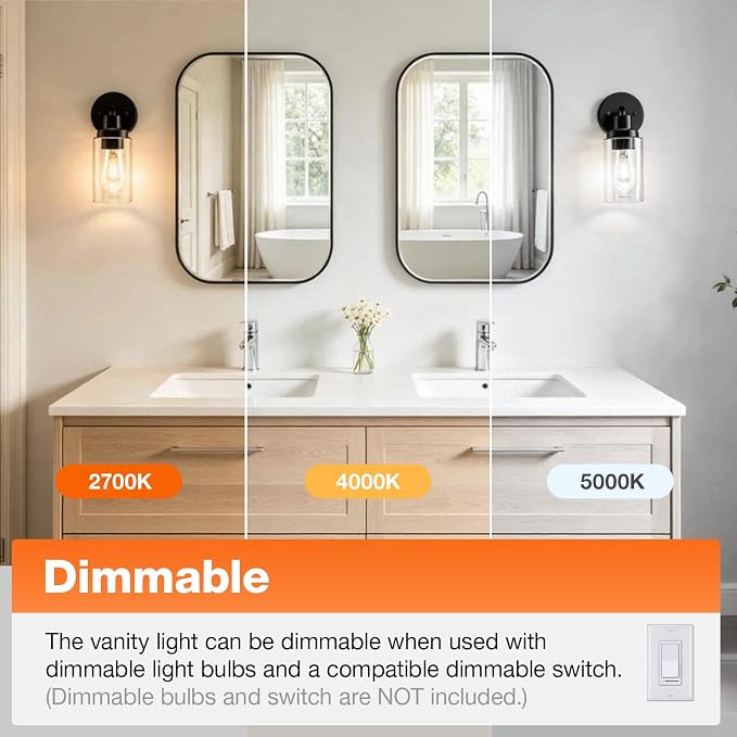 LEDVANCE Sylvania Bathroom Light Fixture with 1 Clear Glass Shade, Iron with Black Finish, E26 Medium Base, Vanity Lights for Bathrooms, Foyers, Entryways - 2 Pack (67970)