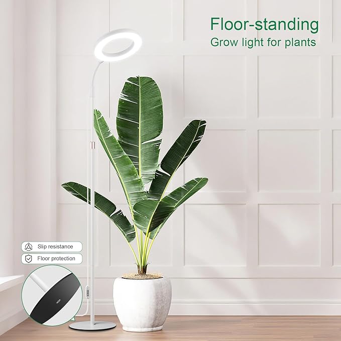 LBW Full Spectrum Grow Light with Stand for Large & Tall Indoor Plants, Adjustable Height 48.8–68'', Auto Cycle Timer 4/8/12H, 4-Level Dimmable Floor Plant Light (White)