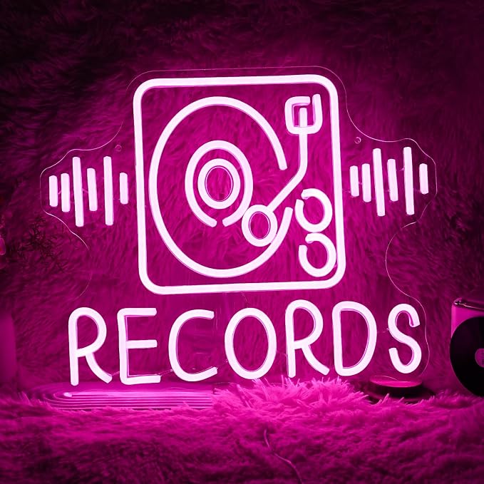Records Neon Sign For Wall Decor Jukebox Music Light Up Sign Powered by USB Dimmable Pink Led Music Records Neon Light for Video Shop Karaoke Bar Party Bedroom Gifts(15.7"*12.2"）