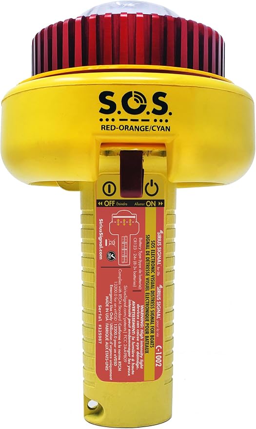 Sirius Signal C-1002 SOS LED Distress Signal, 2-Color + IR - USCG Approved | Electronic Boat Flare Replacement, Bright Two-Color (Red-Orange/Cyan) + Infrared, Includes Mount, Daytime Flag & Whistle