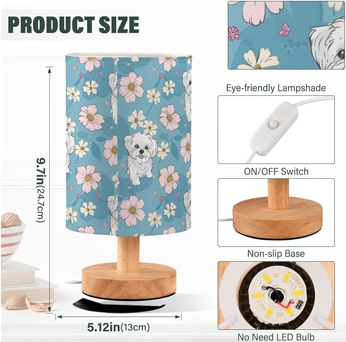 Fustylead Cute Cartoon Maltese Dogs and Daisy Floral Bedside Table Lamps with USB Port for Bedroom Lamp Accent Table Lamp Small Nightstand Lamp Linen Shade Decorative Lamps for Kids|Reading|Dome|Home