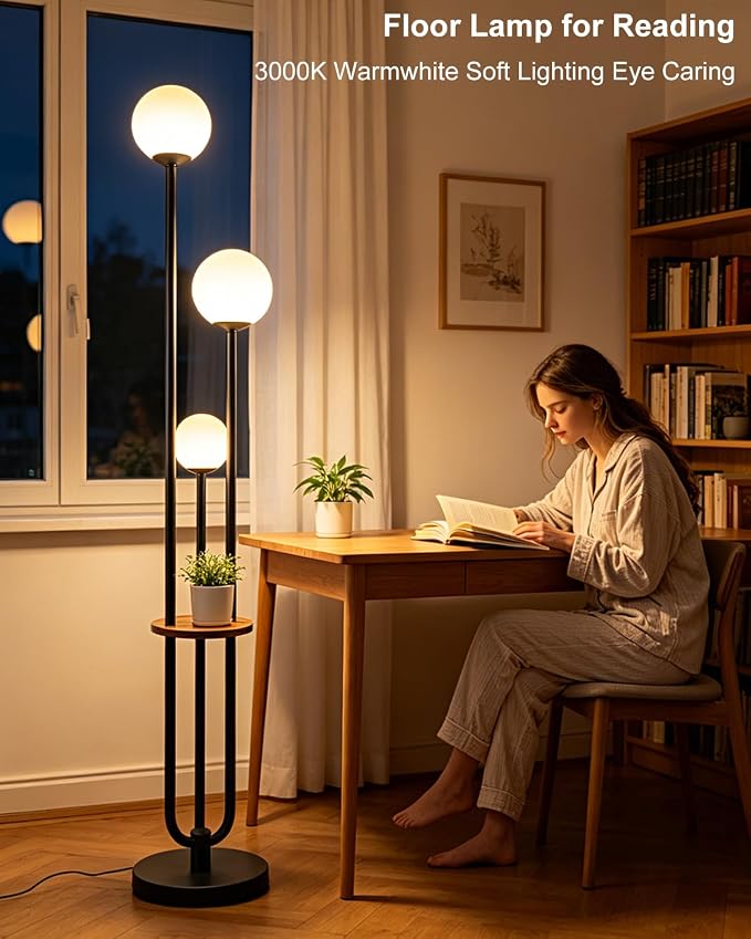 63IN Black Floor Lamp with Shelf Mid Century Modern Tall Standing Lamps with 3000K Warm White Bulb Included Dimmable Globe Floor Lamp with 5Lbs Heavy Base for Living Room/Bedroom/Home Decor