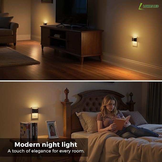L LOHAS LED Motion Sensor Night Light, Night Lights Plug into Wall, 4 Pack | Nightlight with Dusk to Dawn & Motion Detection Sensor, 30-100Lm Adjustable Brightness, 3000K Warm White, Black Housing