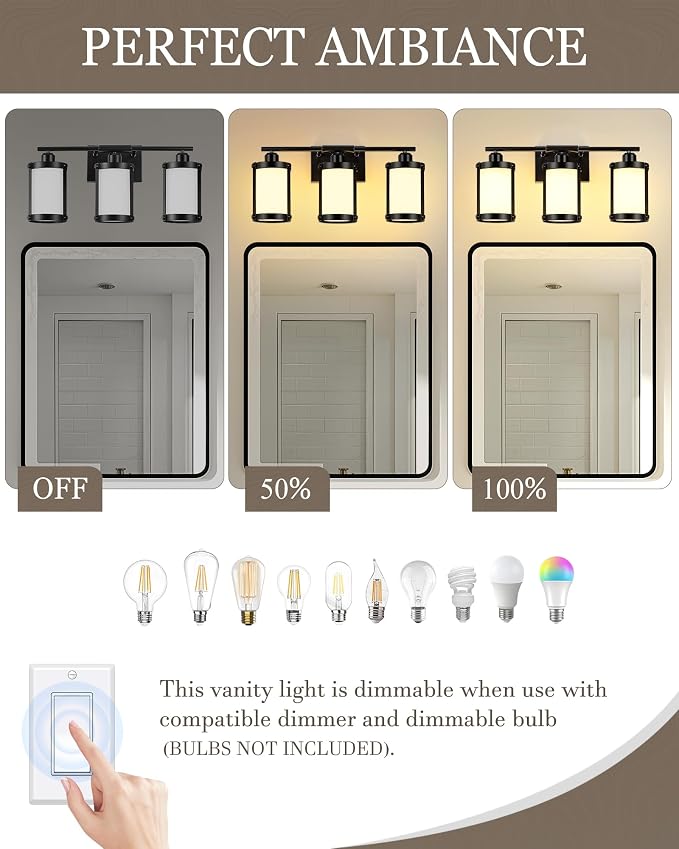3-Light Black Bathroom Light Fixtures with Milk White Frosted Glass, 21" Modern Bathroom Vanity Lighting Fixtures Over Mirror with Metal Cage, Wall Sconce Lights for Bath, E26, OS-3014BKW-3W