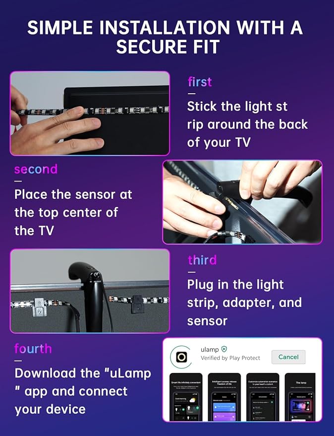 TV Backlight with Sensor Sync, 11.5ft RGB LED Light Strip for 32–50” Screens, Smart App Control, Game & Music Sync Lighting