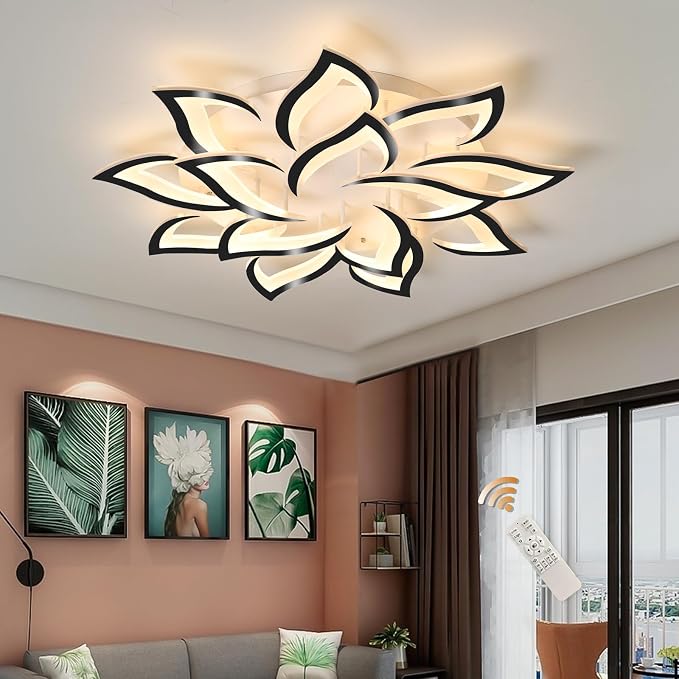 Garwarm 39.3" Modern LED Low Profile Flush Mount Ceiling Light, Dimmable | Black Acrylic Flower 14 Petal Ceiling Light with Remote, 3000K-6500K, Memory for Living Room,Primary Bedroom and Dining Room
