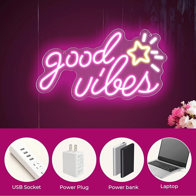 Good Vibes Neon Sign, 16 * 8.6 Inches Led Sign, Neon Signs for Wall Decor with Dimmable Switch, Powered by USB Light up Sign, Pink Neon Lights for Teen Girls Bedroom, Salon, Party